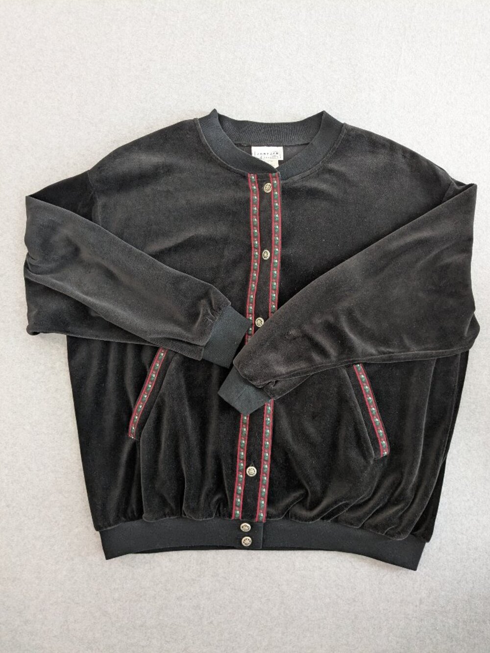 Vintage 90s Jacket Cardigan Sweater L Black Red Floral Button Velour European